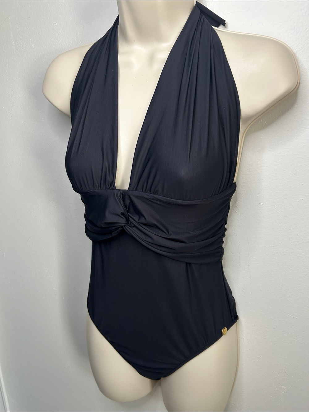 Costa Leste Brazil Black Deep Plunge Halter Neck One Piece Swimsuit